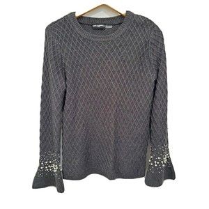 Karl Lagerfeld Gray Quilted Pearl Bell Sleeve Sweater Size Medium B576